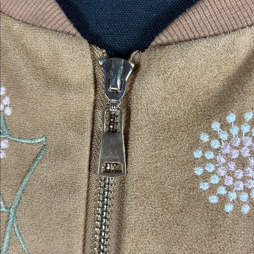 Embroidered Suede Look Jacket Tan Floral Western Boho Moto Style Large - Picture 3 of 6
